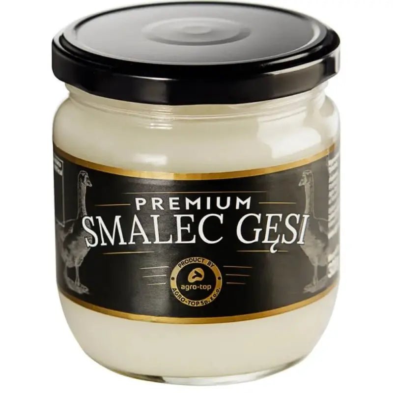 Agro-Top Premium Gänseschmalz Smalec Gęsi im 320-g-Glas mit schwarzem Deckel und schwarz-goldenem Etikett