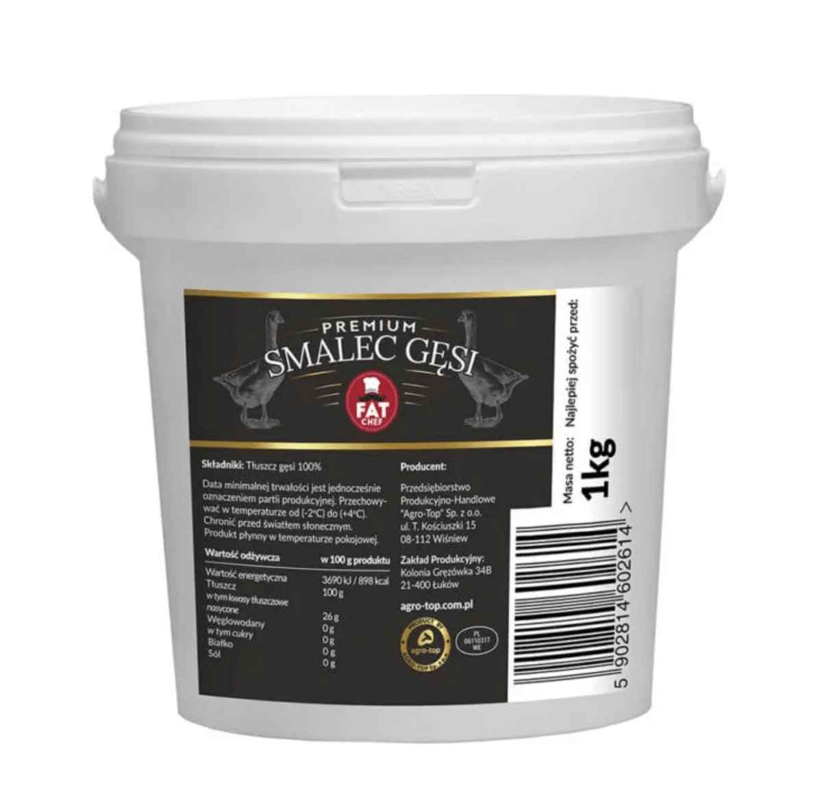 Agro-Top Premium Gänseschmalz Smalec Gęsi im weißen 1-kg-Eimer mit schwarz-goldenem Etikett