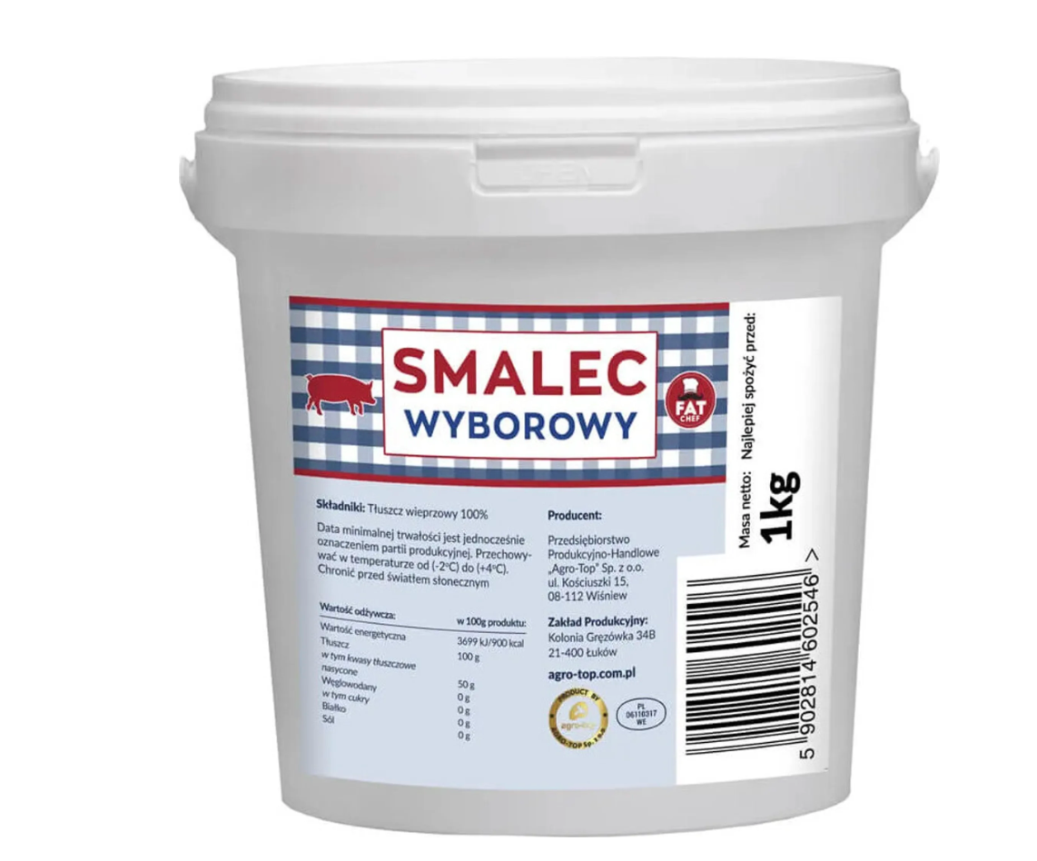 Agro-Top Schweineschmalz Smalec Wyborowy im weißen 1-kg-Eimer mit blau-weißem Etikett