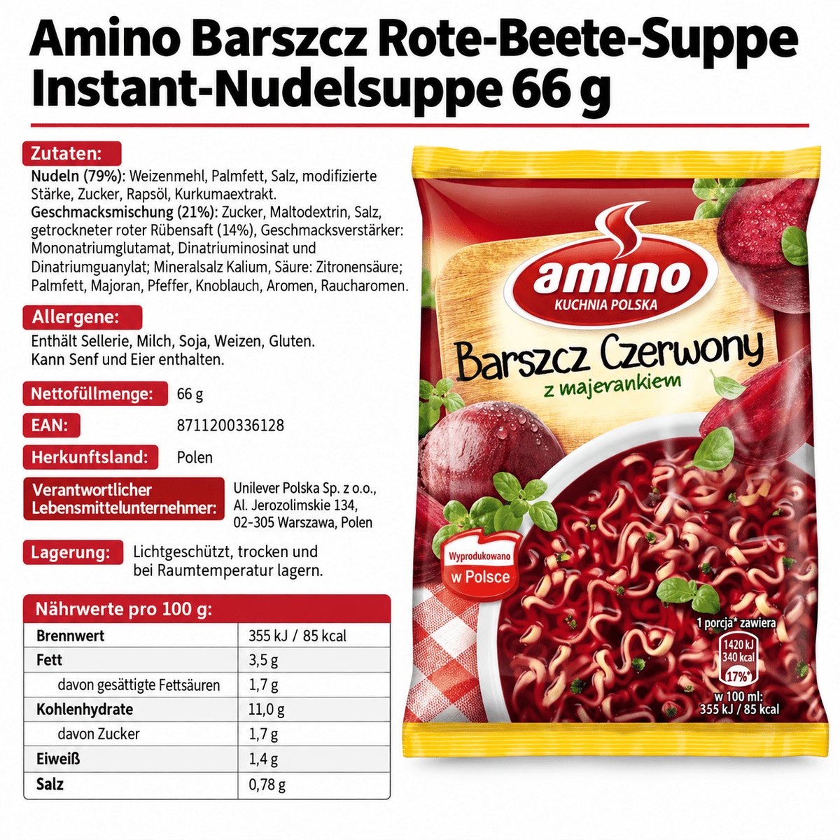 Amino Barszcz Rote-Beete-Suppe Instant-Nudelsuppe 66g - Polskashop24