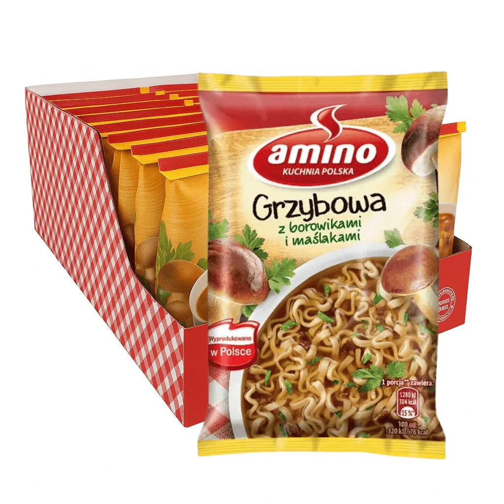 Amino Grzybowa Pilzsuppe kaufen - 22er Karton Instant - Nudeln - Polnische Zupki Chińskie - Polskashop24.de - Online Supermarkt mit Lebensmittel aus Polen