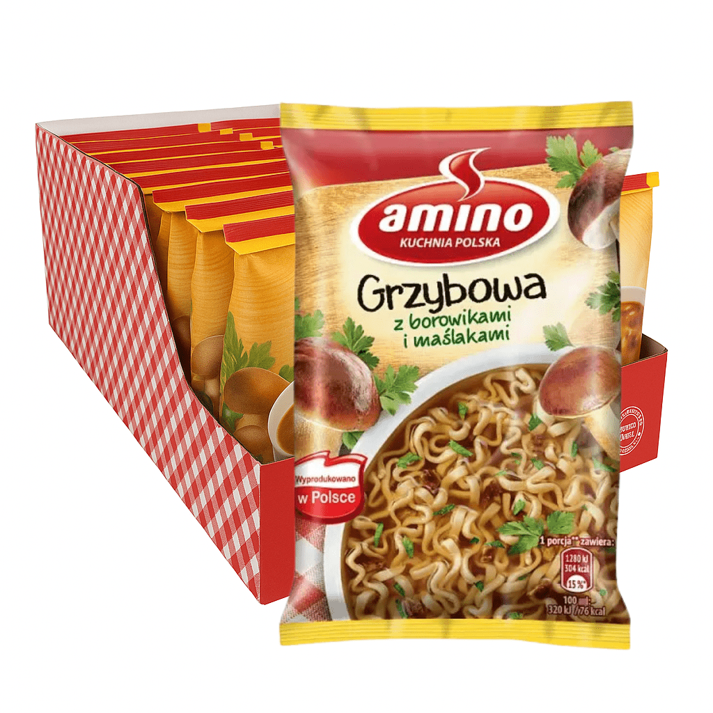 Amino Grzybowa Pilzsuppe kaufen - 22er Karton Instant - Nudeln - Polnische Zupki Chińskie - Polskashop24.de - Online Supermarkt mit Lebensmittel aus Polen