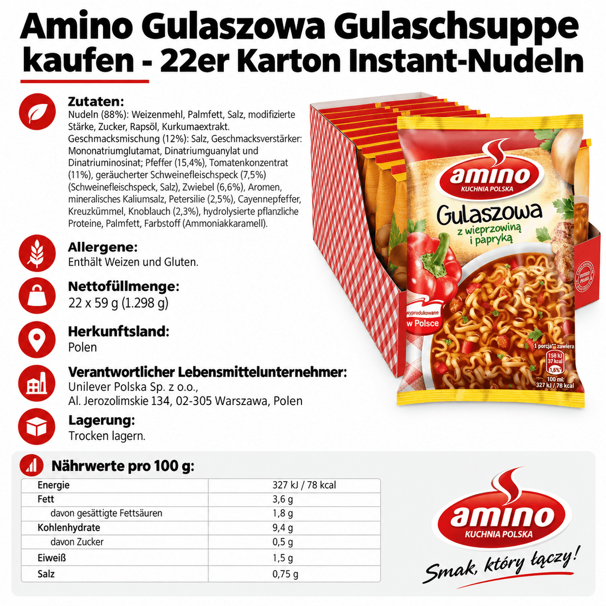 Amino Gulaszowa Gulaschsuppe kaufen - 22er Karton Instant-Nudeln - Polskashop24