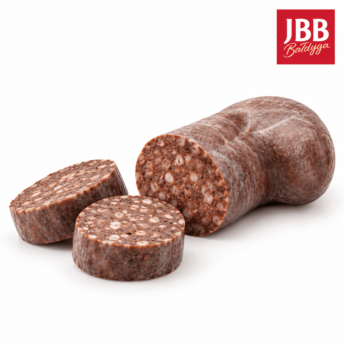 Schnittfläche der JBB Buchweizen-Blutwurst Kaszanka gryczana mit zwei Scheiben