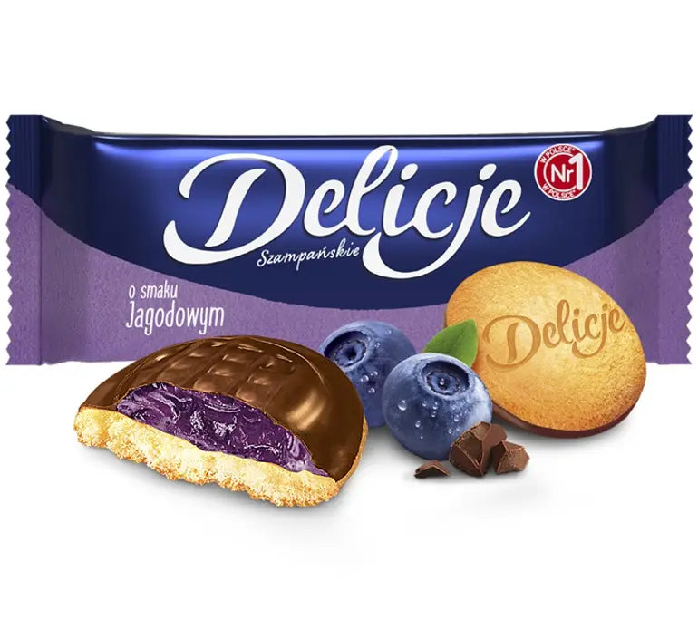 Delicje Jagodowe Blaubeerkekse mit Schokolade und Fruchtgelee 147g von Mondelez - polnische Keksspezialität