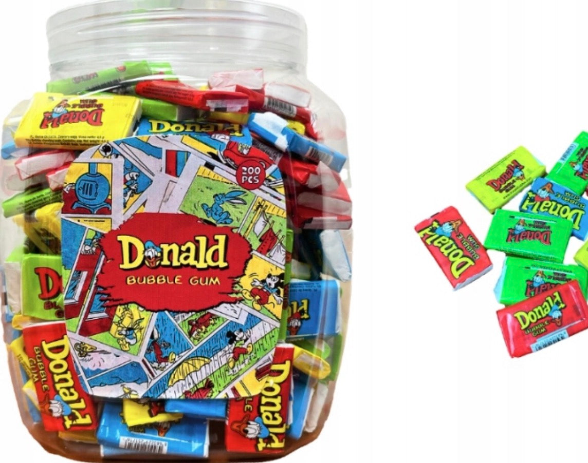 Donald Bubble Gum 200 Kaugummis in der Box, polnischer Kult-Kaugummi mit nostalgischem Sammelkarten-Design