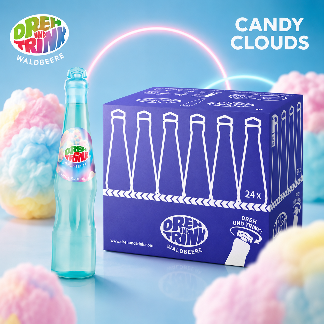 Dreh und Trink Candy Clouds Waldbeere 24 x 200 ml Karton mit Flasche und Zuckerwatte Design