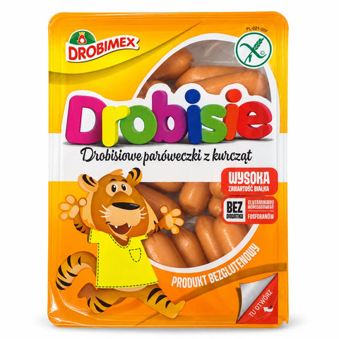 DROBIMEX Drobisie – Drobisiowe paróweczki z kurcząt 250g – Packung auf weißem Hintergrund
