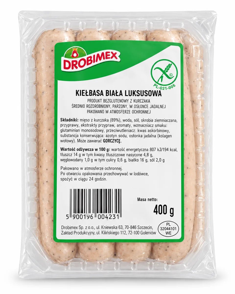 Drobimex Kiełbasa Biała Luksusowa 400 g – Rückseite mit Zutaten, Nährwerten und Herstellerangaben