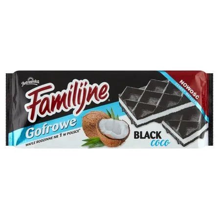 Dunkle Waffeln mit Kokosnusscreme - Ciemne wafelki przekładane kremem kokosowym Familijne 140g - Jutrzenka - Polskashop24