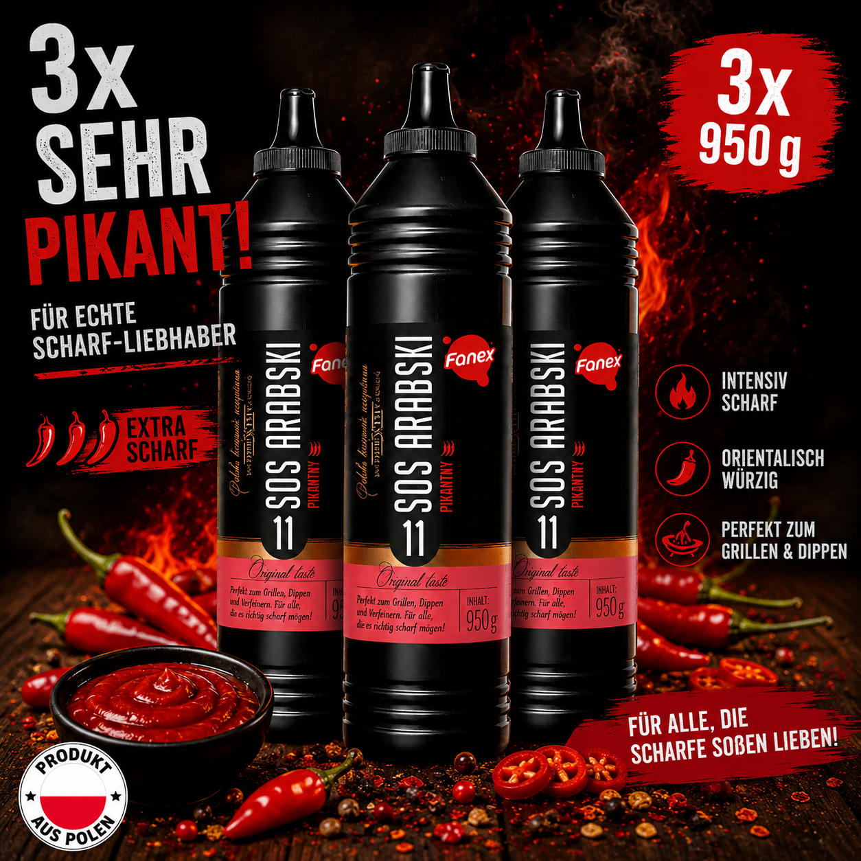 3er Bundle Fanex Sos Arabski Pikant 950g scharfe arabische Soße aus Polen, extra scharf zum Grillen, Dippen und Würzen