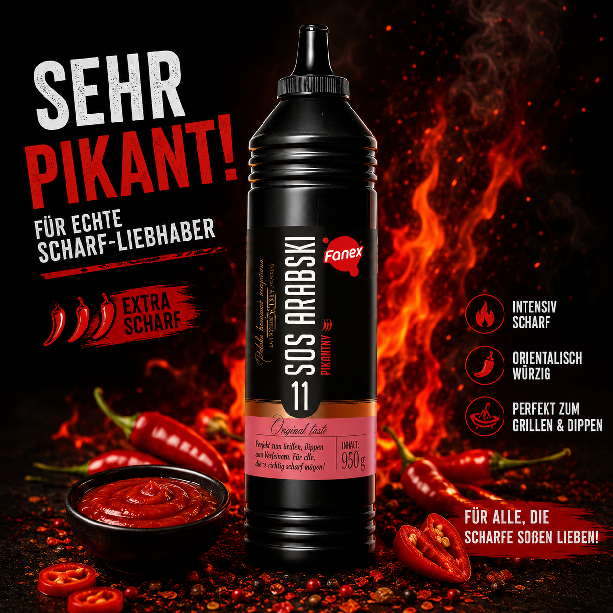 Fanex Sos Arabski Pikantny 950 g, scharfe polnische Grillsauce mit orientalischer Würze für BBQ, Burger, Pommes und Fleisch