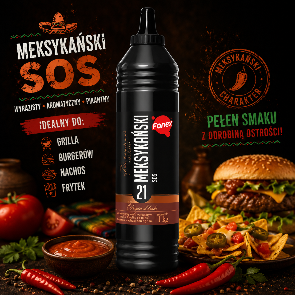 Fanex Sos Meksykański 1 kg, pikante mexikanische Sauce aus Polen für Burger, Nachos, Pommes, Grillfleisch und BBQ