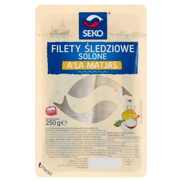 Filety Sledziowe Solone Heringsfilets Gesalzen 250g von Seko - atlantische Heringsfilets nach Matjes-Art in Marinade