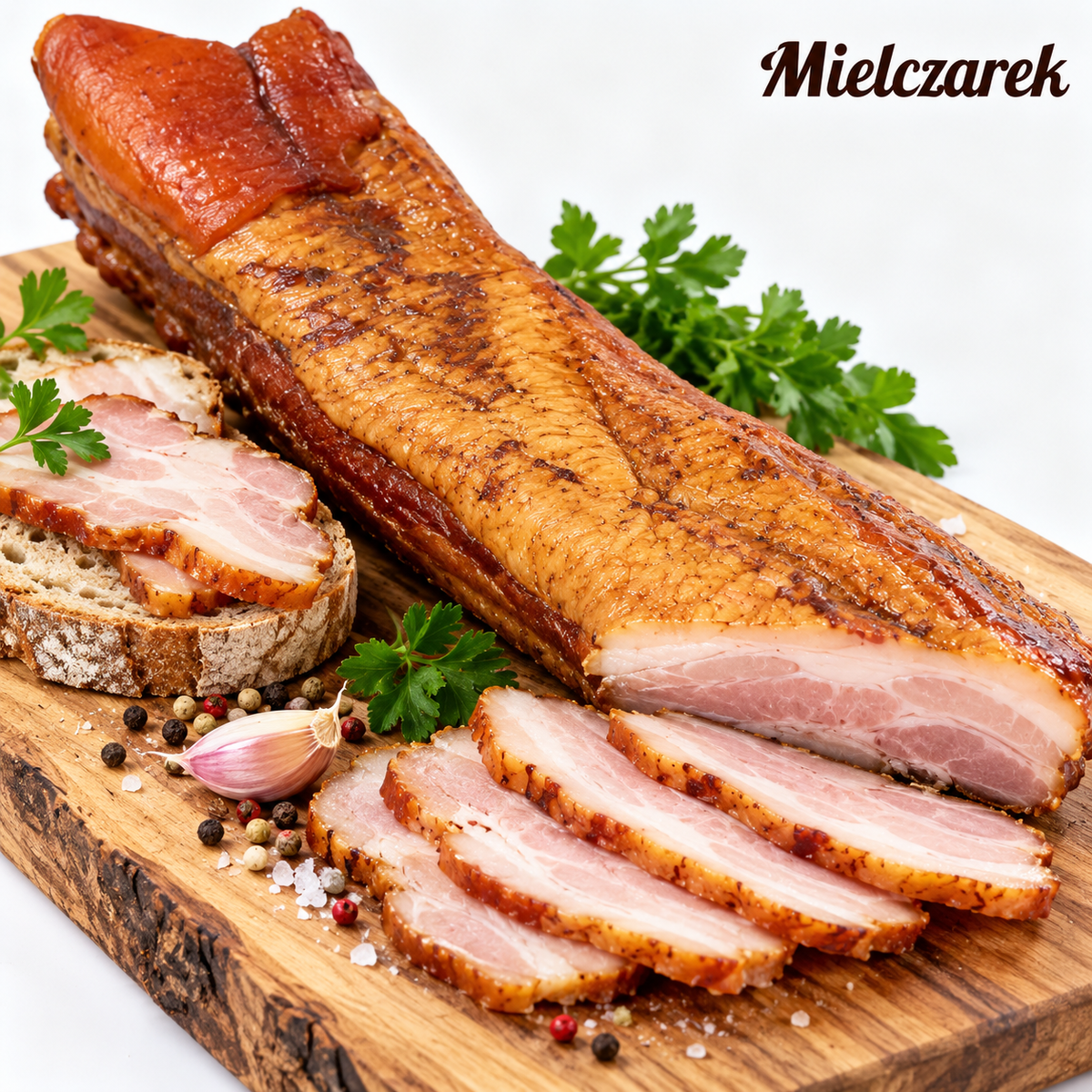 Płaty Parzone von Mielczarek – polnischer gebrühter Schweinebauch, aufgeschnitten auf Holzbrett mit Brot