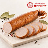 Geräucherte Pastetenwurst Pasztetowa Wędzona von Mielczarek – Produktaufnahme mit Scheiben
