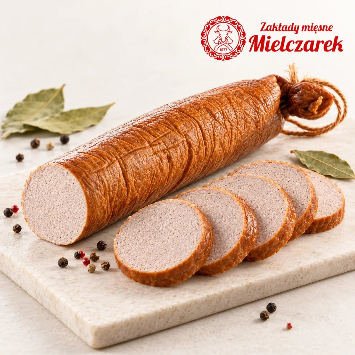 Geräucherte Pastetenwurst Pasztetowa Wędzona von Mielczarek – Produktaufnahme mit Scheiben