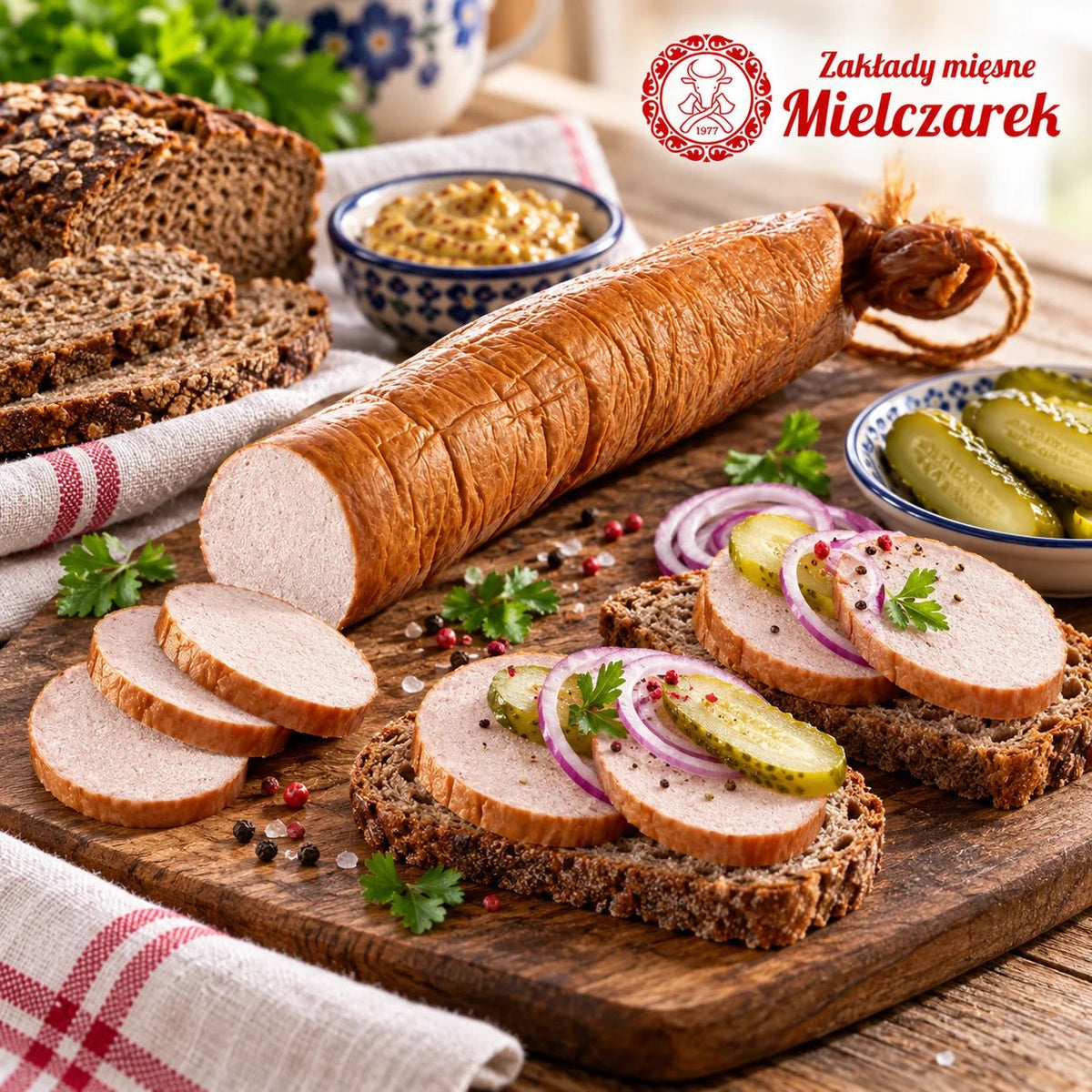 Mielczarek Pasztetowa Wędzona auf Roggenbrot mit Gewürzgurke, Zwiebel und Senf