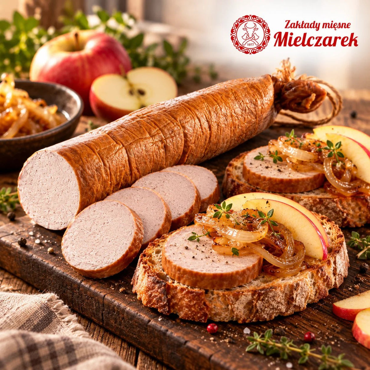 Geräucherte Mielczarek Pastetenwurst auf geröstetem Brot mit Apfel und geschmorten Zwiebeln