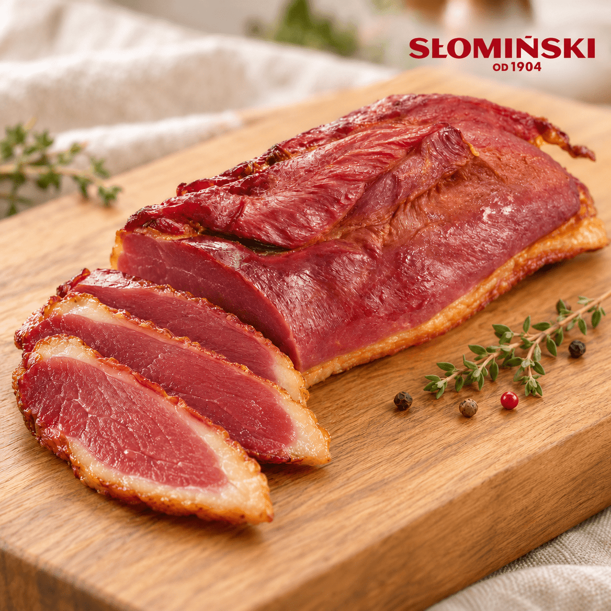 Słomiński geräuchertes Entenfilet (Filet z kaczki wędzony) am Stück und in Scheiben auf einem Holzbrett, mit Słomiński-Logo oben rechts – Serviervorschlag