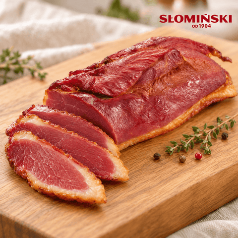 Słomiński geräuchertes Entenfilet (Filet z kaczki wędzony) am Stück und in Scheiben auf einem Holzbrett, mit Słomiński-Logo oben rechts – Serviervorschlag