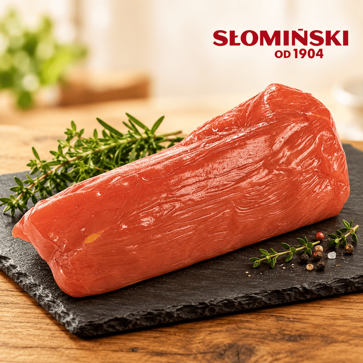Słomiński Putenfilet roh geräuchert – Filet surowy wędzony z indyka auf einer Schieferplatte mit Kräutern und Herstellerlogo oben rechts.