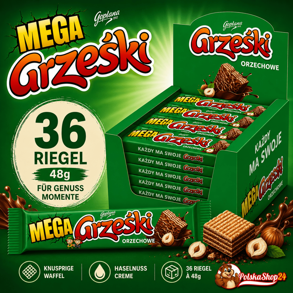 Grzeski Mega Polnische Waffelriegel mit Haselnuss (Orzechowe) 48g (32er - Pack) - Polskashop24