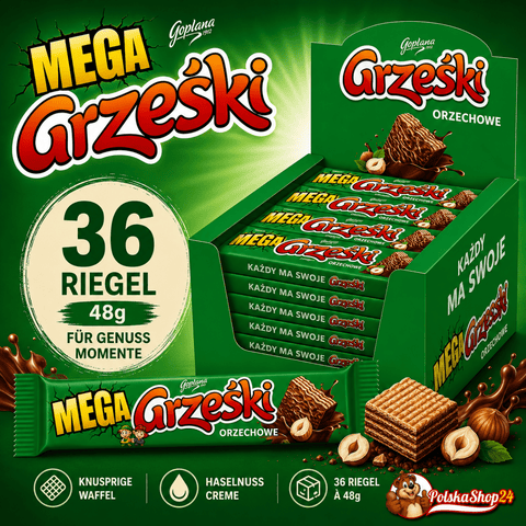 Grzeski Mega Polnische Waffelriegel mit Haselnuss (Orzechowe) 48g (32er - Pack) - Polskashop24