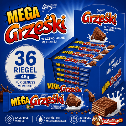 Grzeski Mega Polnische Waffelriegel mit Schokolade 48g (36er - Pack) - Polskashop24