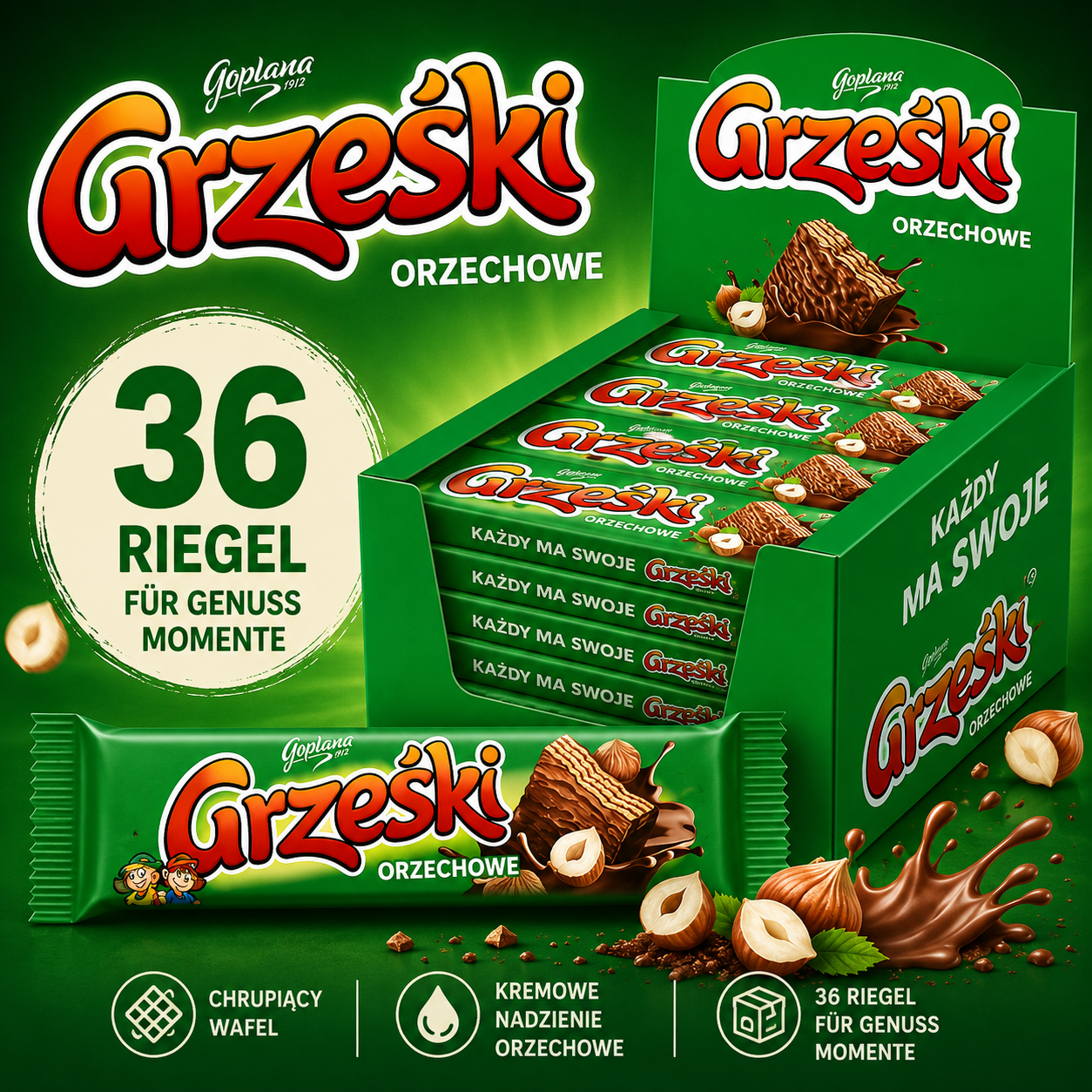 Grześki Orzechowe Haselnuss Waffelriegel 36 Stück, polnische Schokowaffeln mit Nusscreme