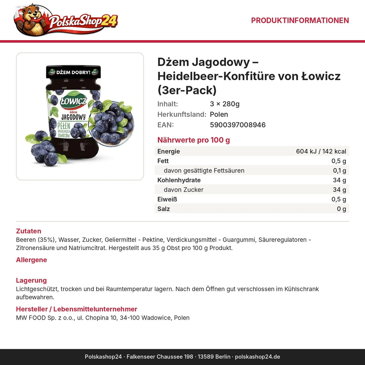 Produktinformationen: Nährwerte, Zutaten, Allergene, Hersteller – Dżem Jagodowy – Heidelbeer-Konfitüre von Łowicz (3er-Pack)