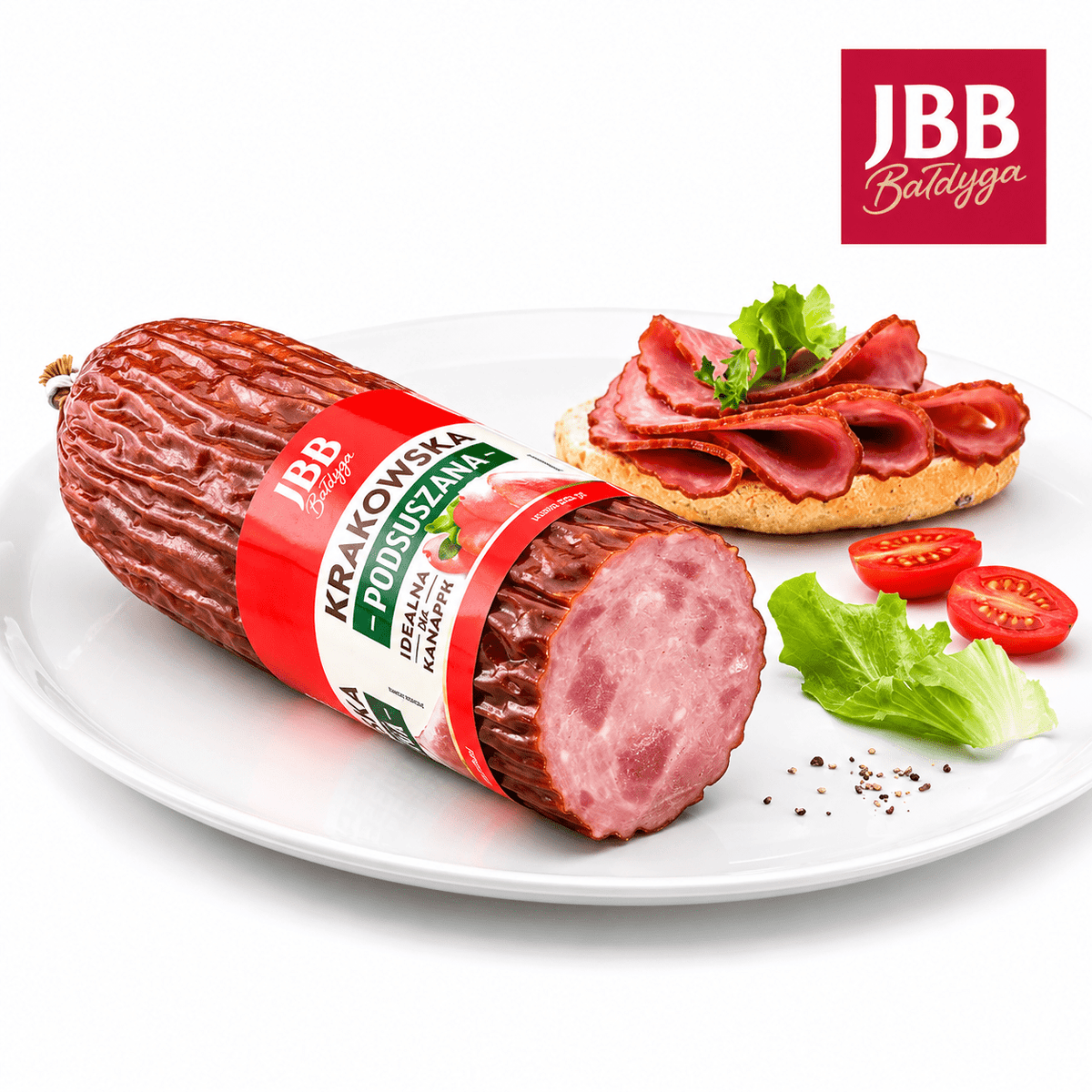JBB Krakowska Podsuszana – polnische Krakauer Wurst mit Anschnitt und Serviervorschlag, JBB Bałdyga Logo oben rechts