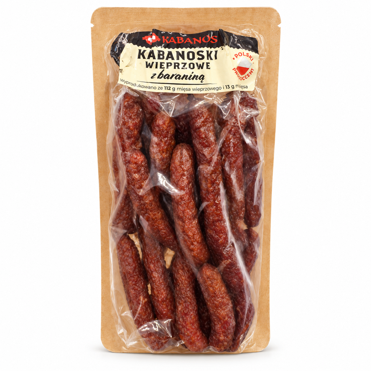 Kabanos Kabanosiki mit Schweine- und Hammelfleisch, 300 g, auf weißem Hintergrund