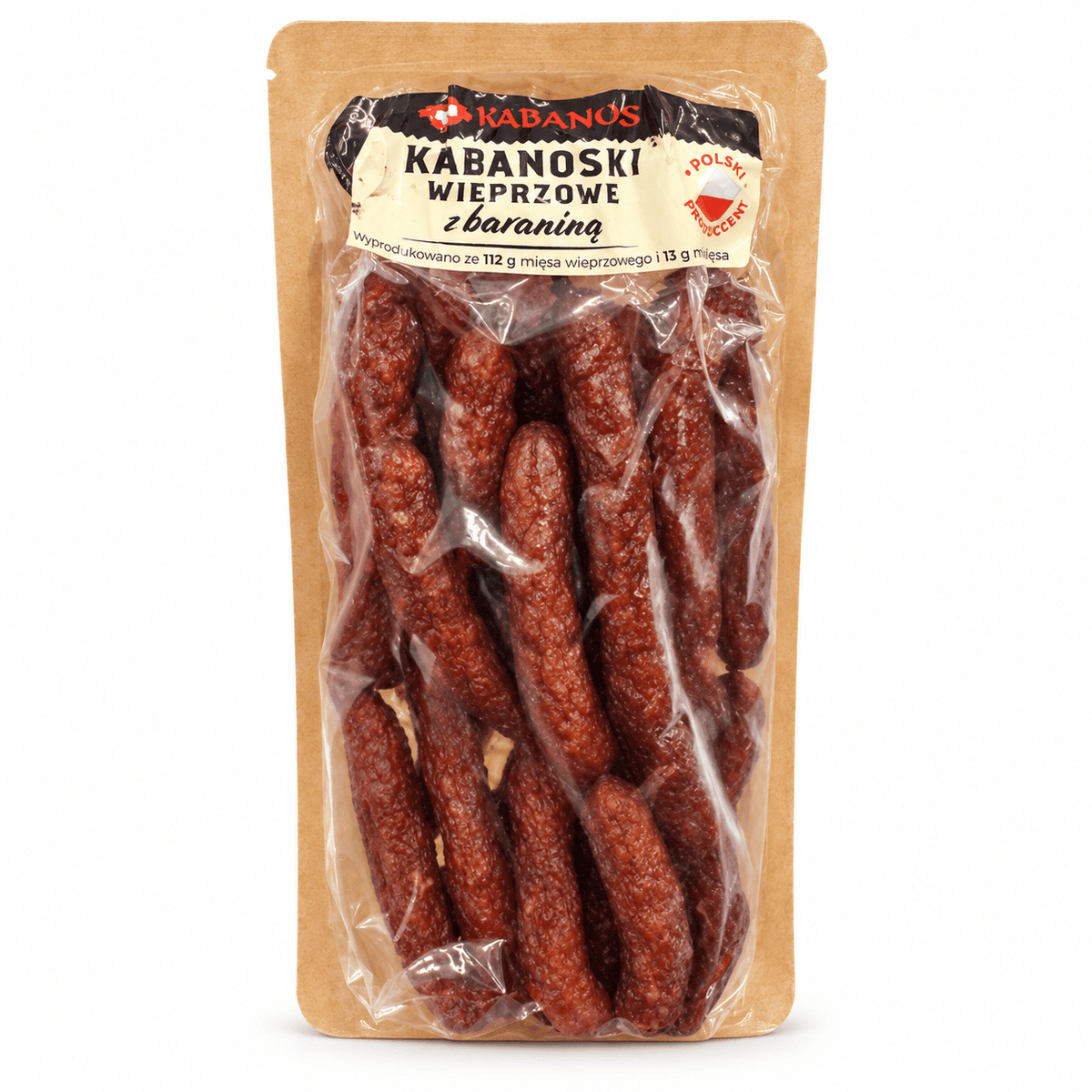 Kabanos Kabanosiki mit Schweine- und Hammelfleisch, 300 g, auf weißem Hintergrund