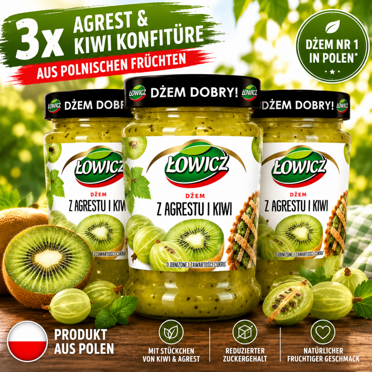 Kiwi Stachelbeere Konfitüre 3x280g - Łowicz | 3er Bundle - Polskashop24