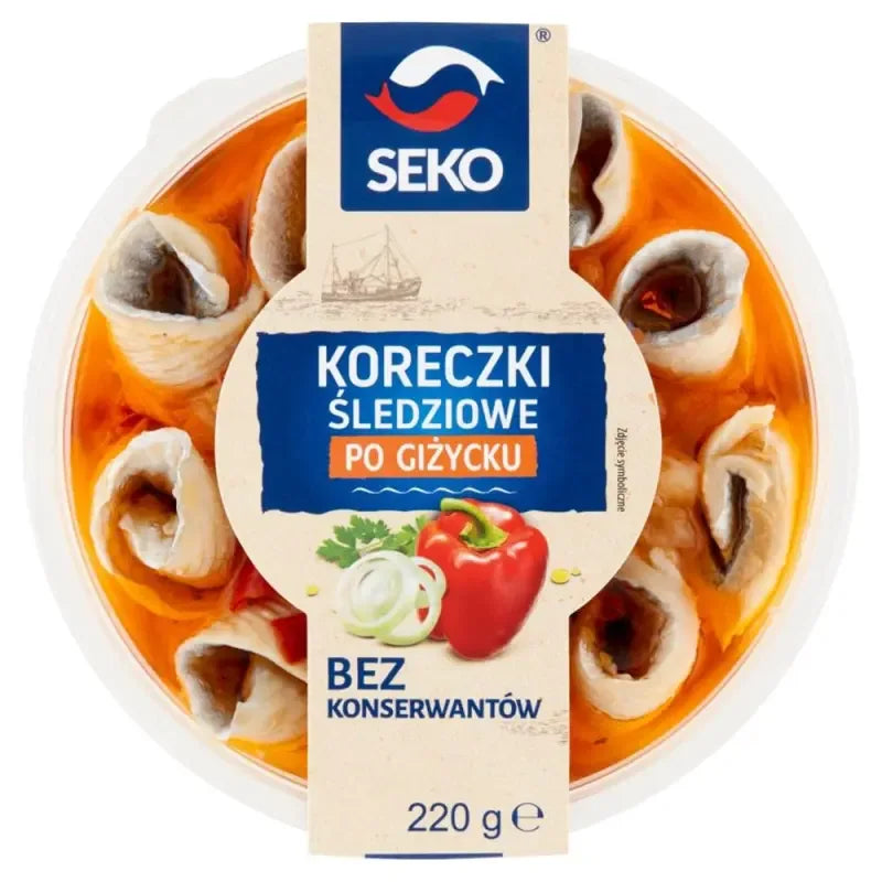 Koreczki sledziowe po gizycku Heringsfilet im Öl 220g von Seko - baltische Heringsfilets nach Giżycko-Art mit Zwiebeln und Gemüse