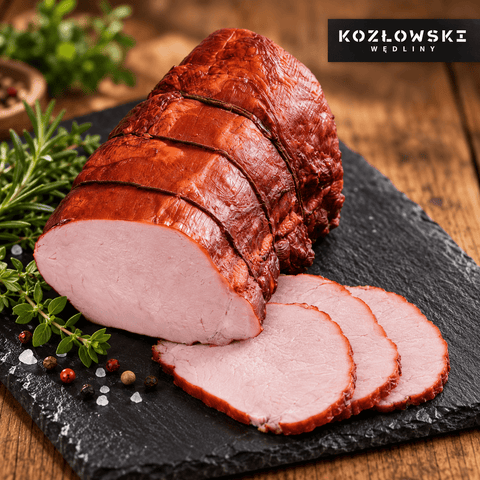 Kozłowski Schab Mistrza Macieja – geräucherter Schweinelendenaufschnitt am Stück und in Scheiben auf Schiefer, mit Herstellerlogo