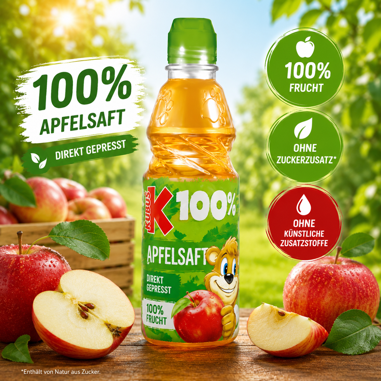 Kubus 100 Prozent Apfelsaft direkt gepresst 300 ml ohne Zuckerzusatz mit frischen roten Äpfeln