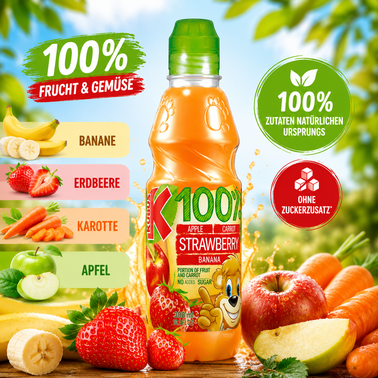 Kubus 100 Prozent Banane Erdbeere Karotte Apfel 300 ml Getränk ohne Zuckerzusatz mit natürlichen Zutaten