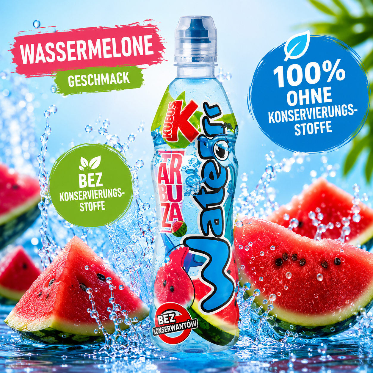 Kubus Waterrr Wassermelone Geschmack Getränk ohne Konservierungsstoffe mit frischer Wassermelone und Wasserspritzern