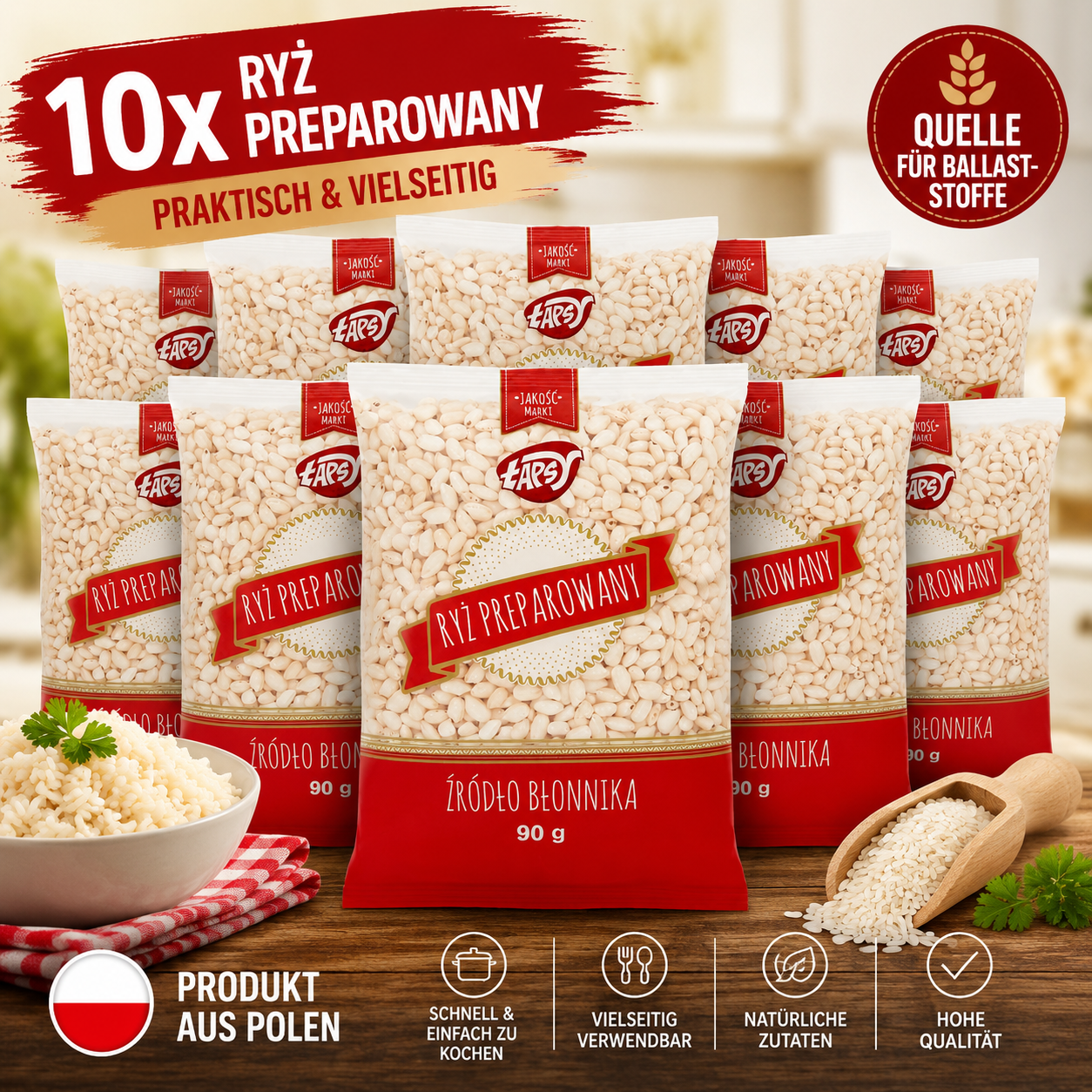 10er Bundle Łapsy Ryż Preparowany Pufferreis 90g aus Polen, vielseitiger gepuffter Reis als Ballaststoffquelle für Küche und Snacks