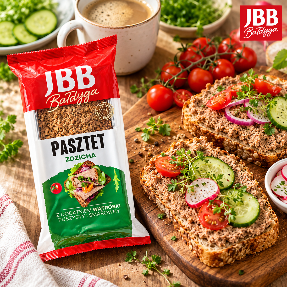 Polnisches Frühstück mit JBB Pasztet Zdzicha Leberpastete auf Brot, Gemüse und Kaffee