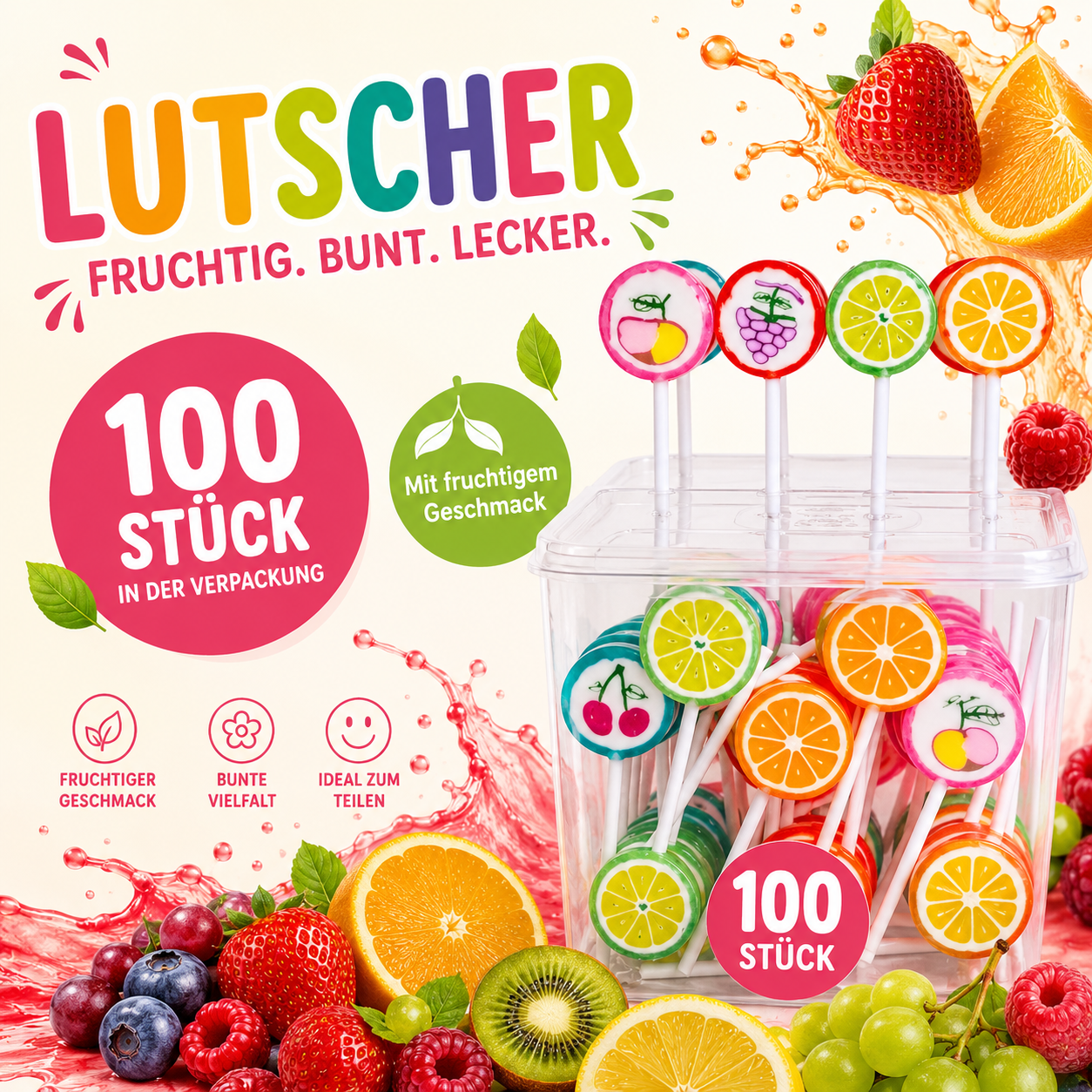 Bunte Fruchtlutscher in transparenter Box, 100 Stück, mit Erdbeere, Orange, Kiwi und weiteren Früchten als fruchtige Süßware.