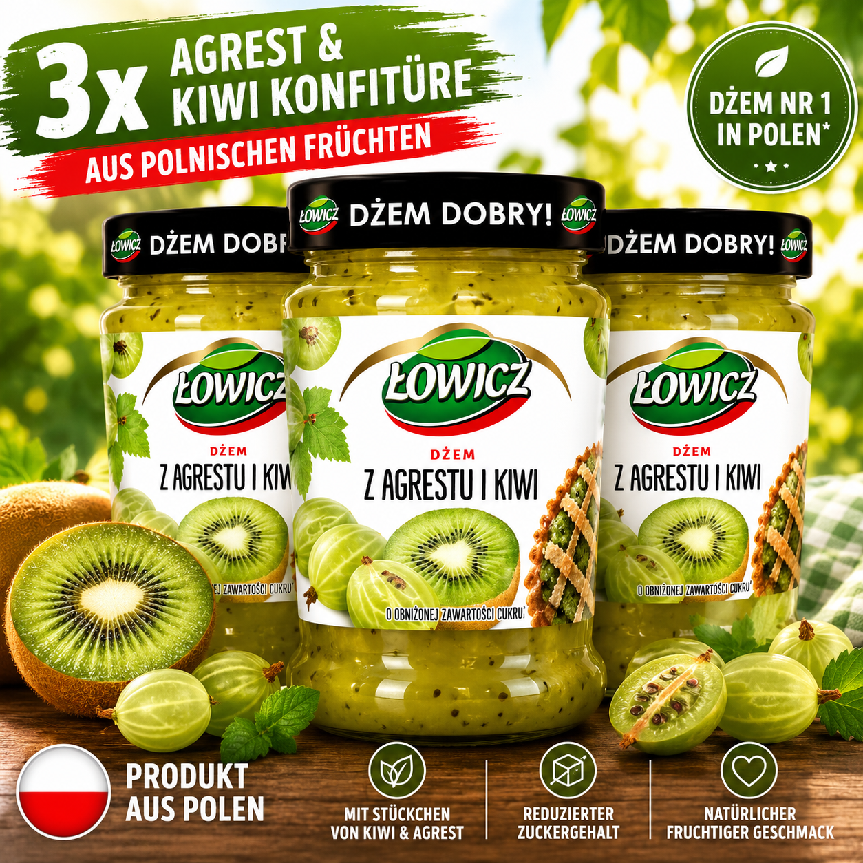 3er Bundle Łowicz Agrest Kiwi Konfitüre aus Polen mit Stachelbeeren und Kiwi, fruchtiger polnischer Dżem für Frühstück und Gebäck