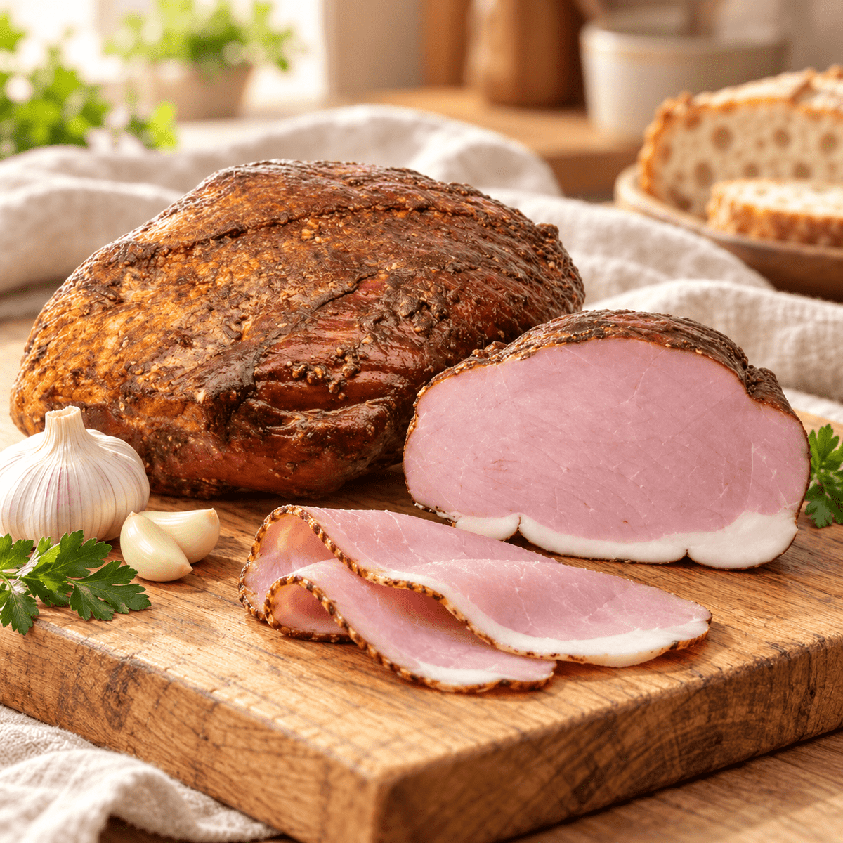 Madej Wróbel Knoblauchschinken (Szynka z czosnkiem), angeschnitten und in Scheiben auf einem Holzbrett mit Knoblauch – Serviervorschlag