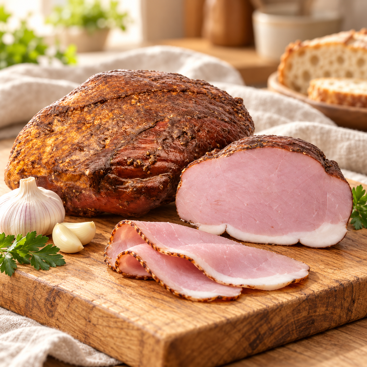 Madej Wróbel Knoblauchschinken (Szynka z czosnkiem), angeschnitten und in Scheiben auf einem Holzbrett mit Knoblauch – Serviervorschlag