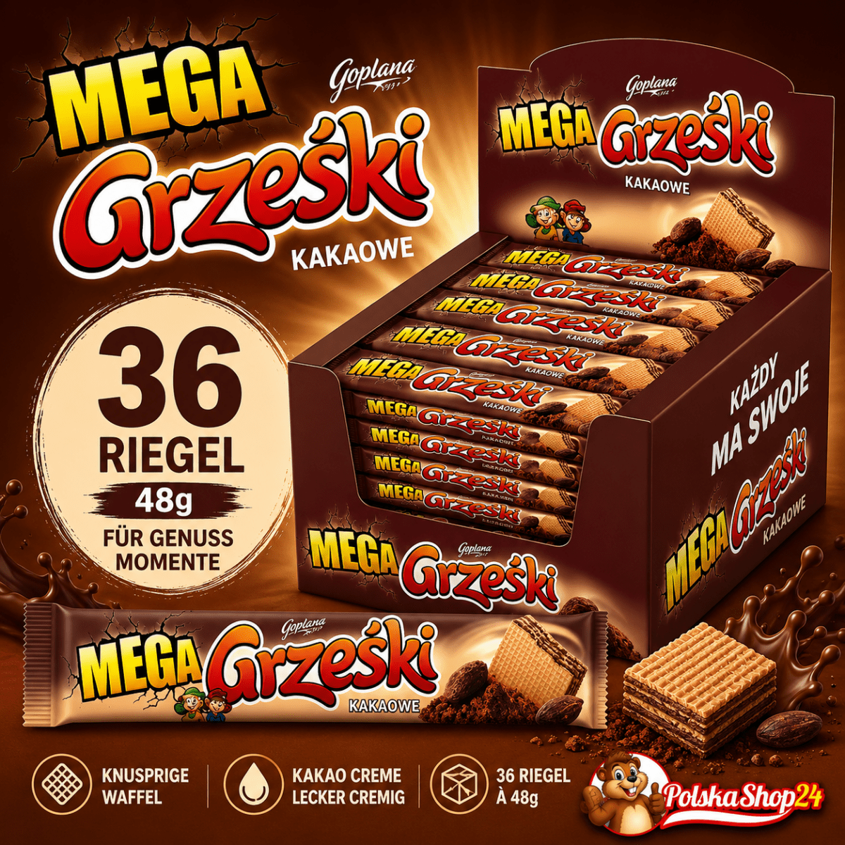 Mega Grześki Kakaowe - Kekse mit Kakao 34g x 36 Riegel - Polskashop24