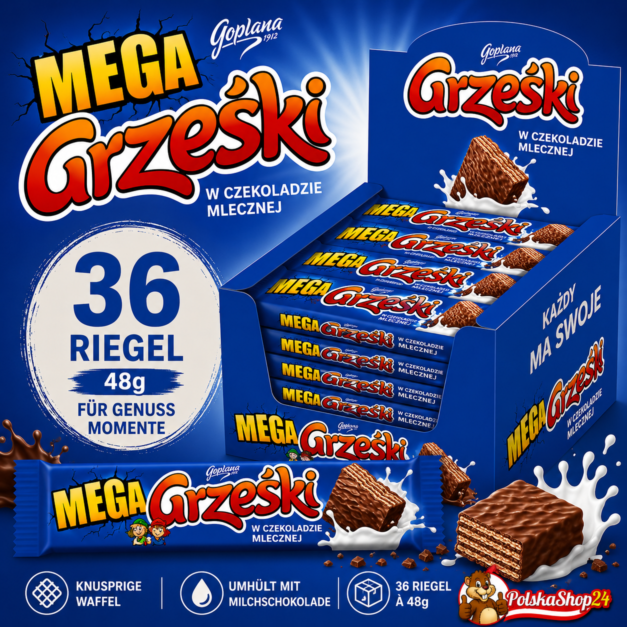MEGA Grześki Waffelriegel in Milchschokolade 48g, 36 Stück polnische Schokowaffeln aus Polen