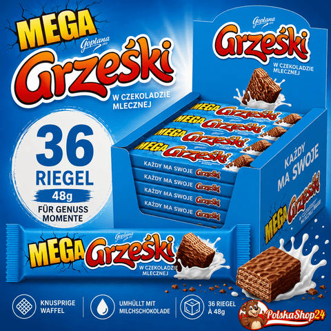 Mega Grzeski Polnischer Riegel in Milchschokolade 48g x 36 Stück - Polskashop24
