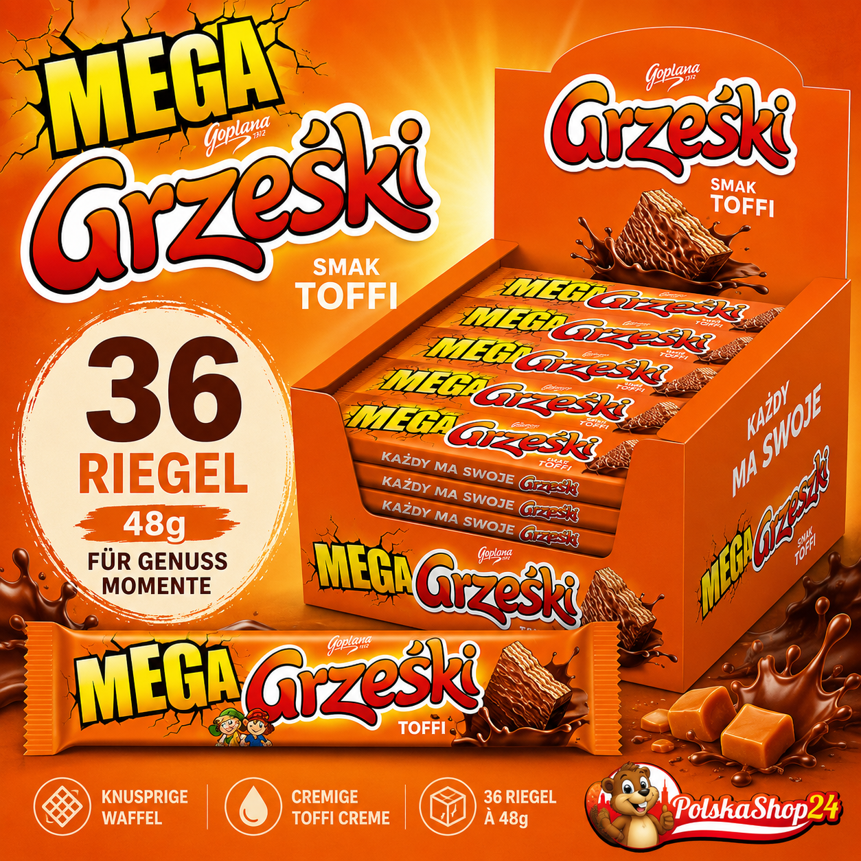 MEGA Grześki Toffi Waffelriegel 48g, 36 Stück polnische Schokowaffeln mit Toffee Creme